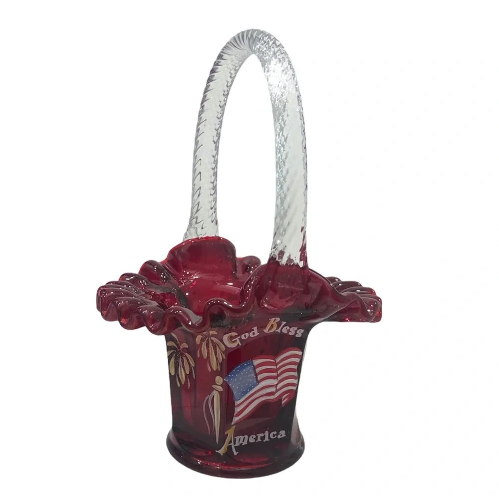 FENTON GOD BLESS AMERICA HAND PAINTED PATRIOTIC RED GLASS BASKET
